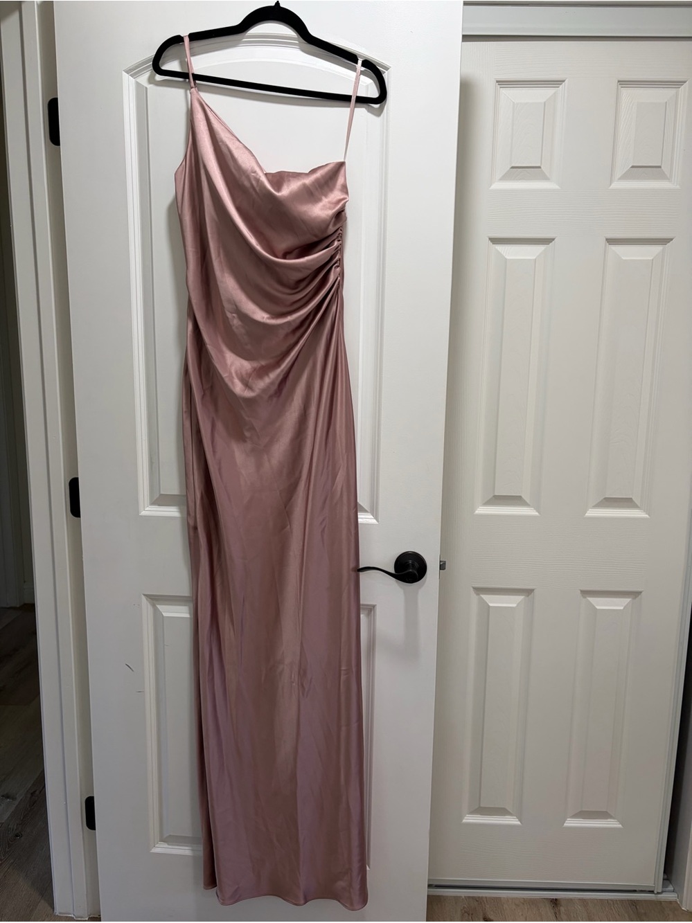 Revelry Rose Quartz Satin One Shoulder Bridesmaid Maxi Dress